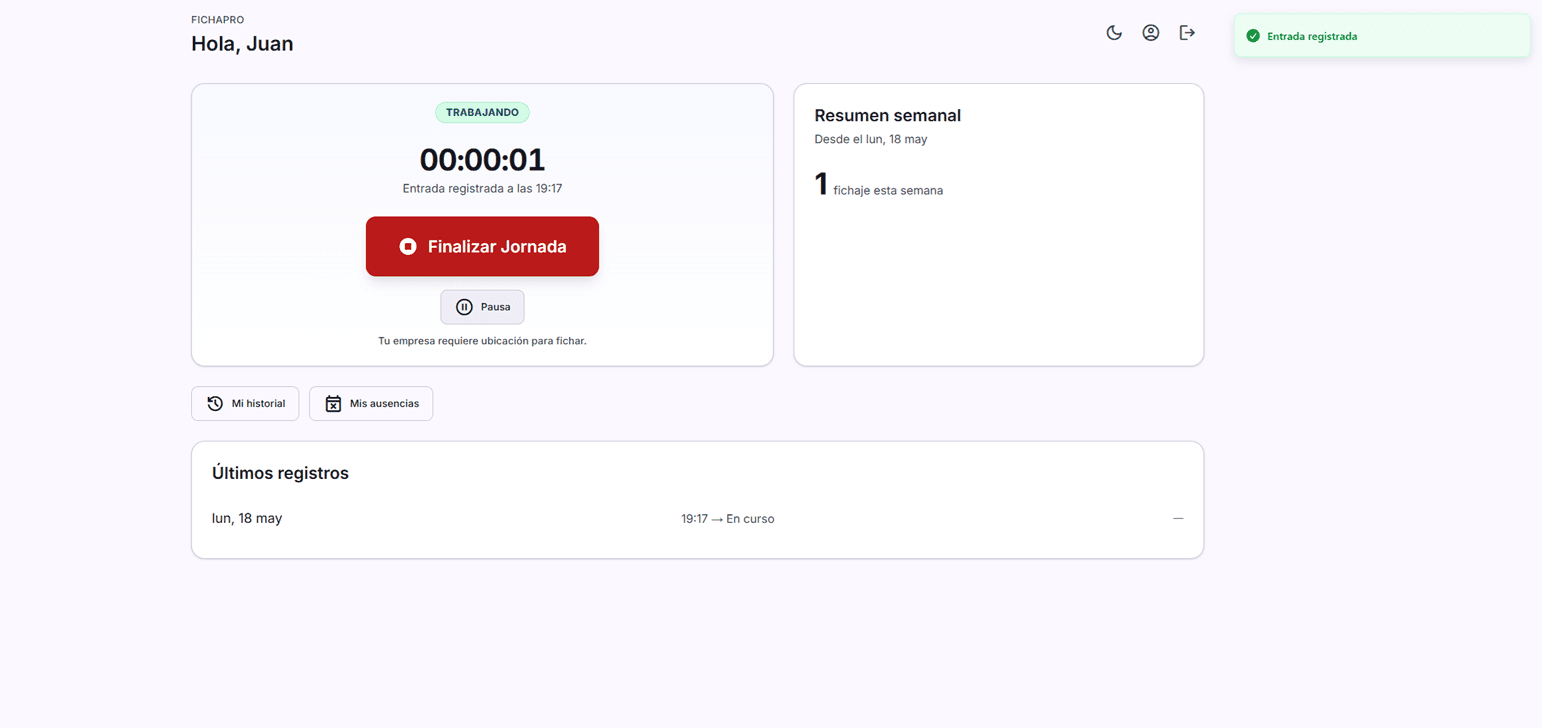 JornadaOS — Pantalla de fichaje del empleado: estado Trabajando, cronómetro en directo, botón para finalizar jornada y resumen semanal.